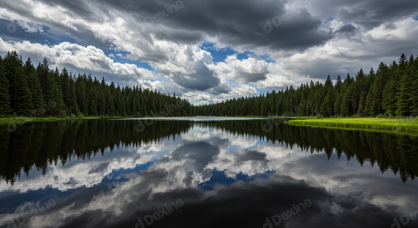 Tranquil Forest Lake Mirroring Dramatic Cloudy Sky Reflection