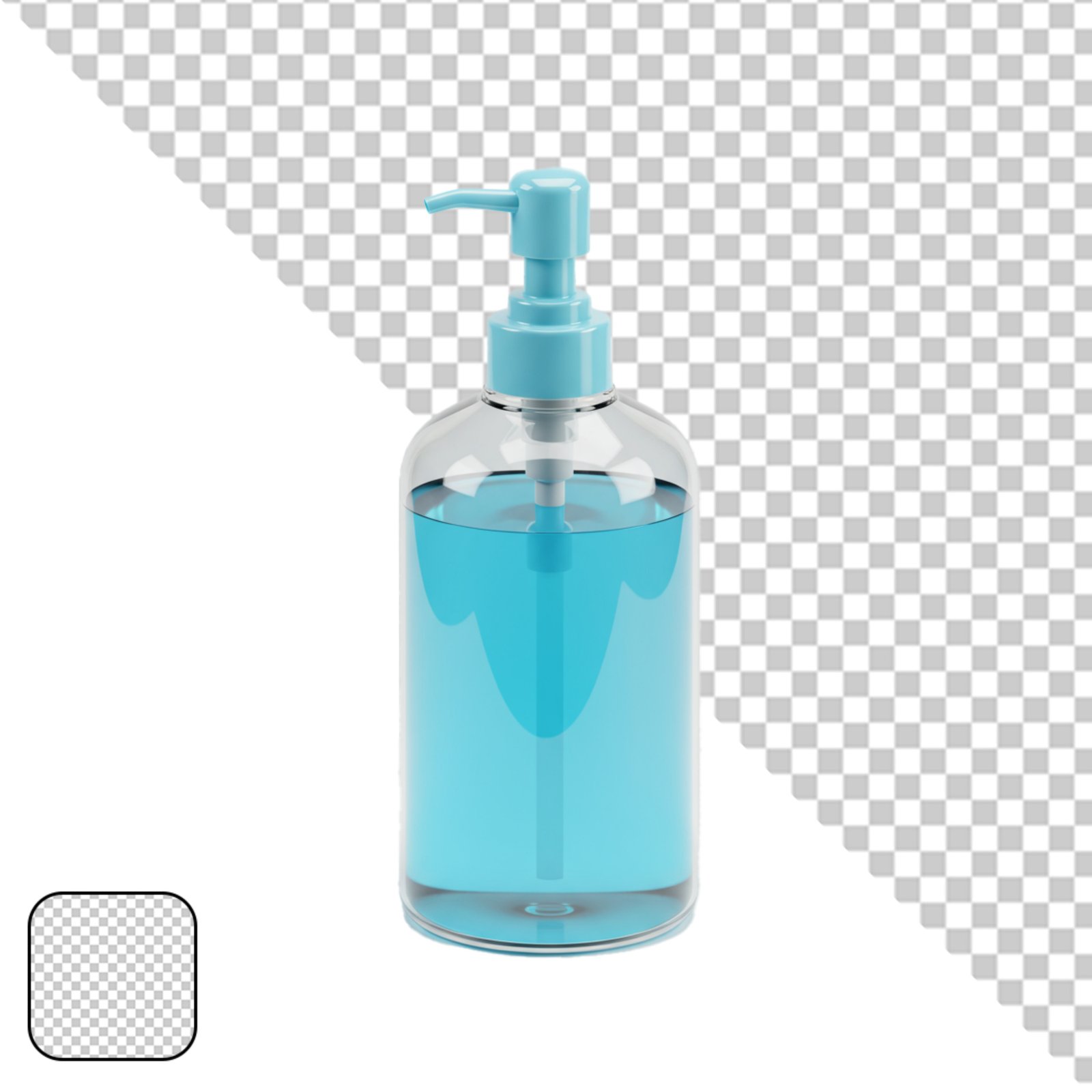 Transparent Pump Bottle With Blue Liquid For Hand Sanitizer Or Soap PNG