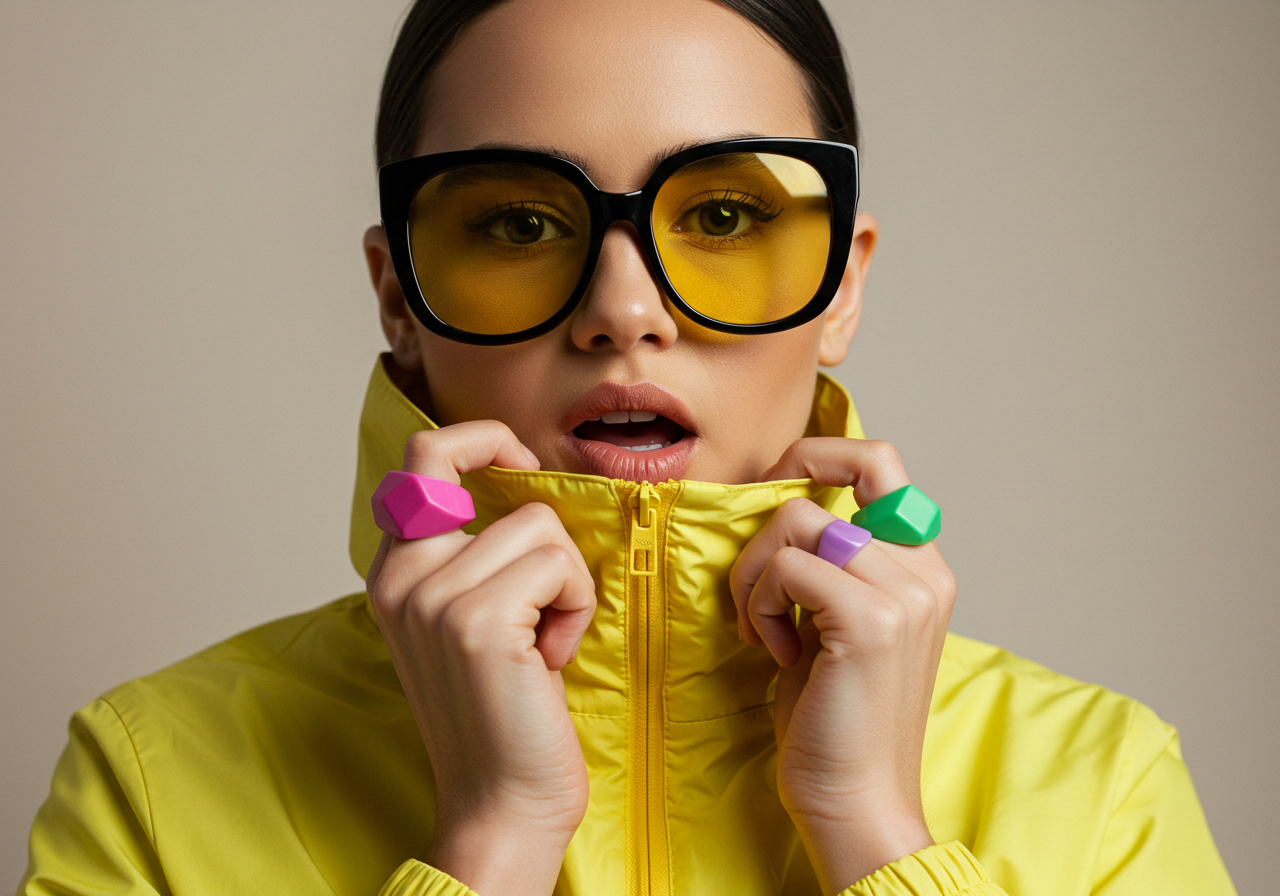 Trendy Woman Wearing Yellow Jacket Colorful Rings And Chic Sunglasses