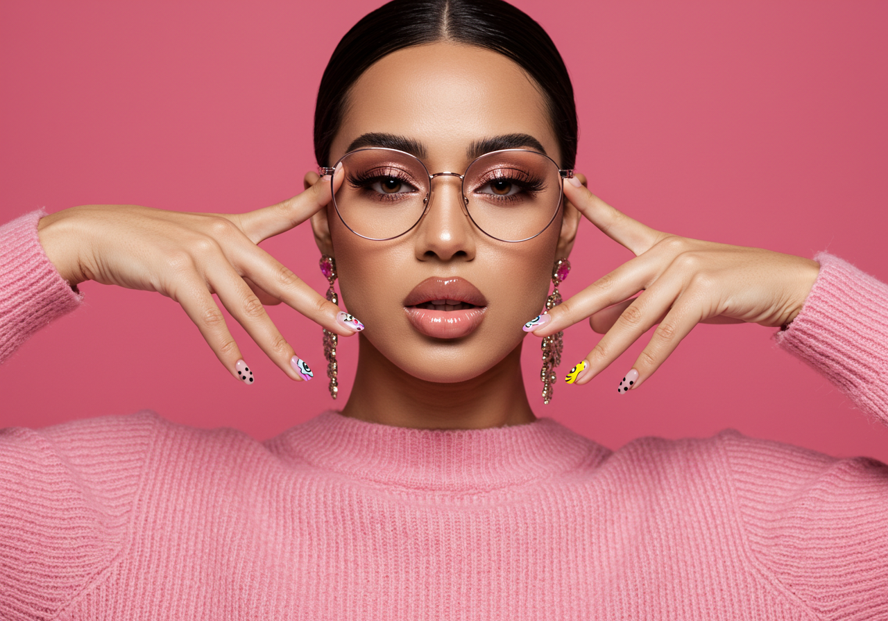 Trendy Woman With Glasses Bold Makeup And Fashionable Nail Art