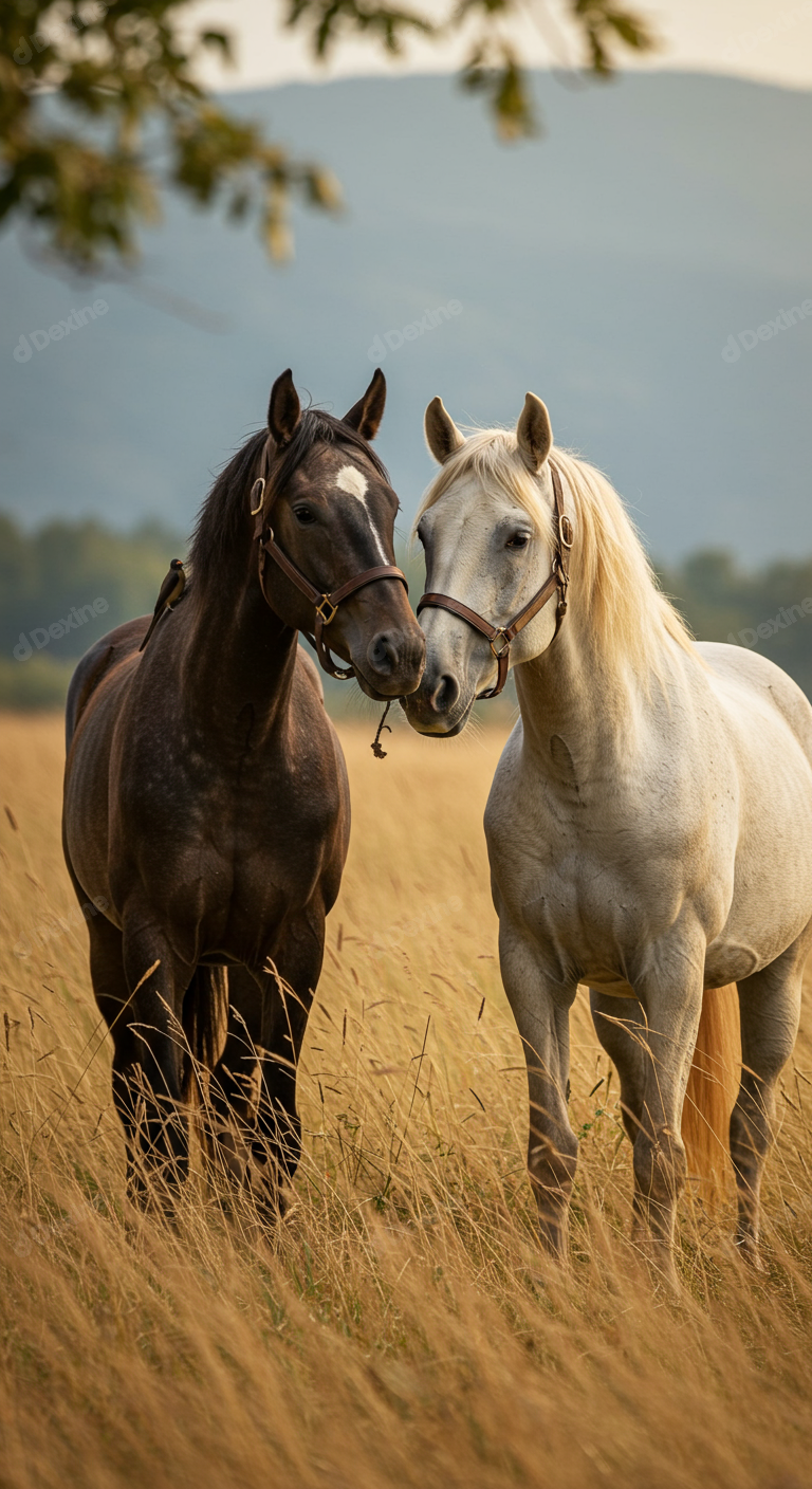Two Graceful Horses Bonding In Golden Meadow At Sunset