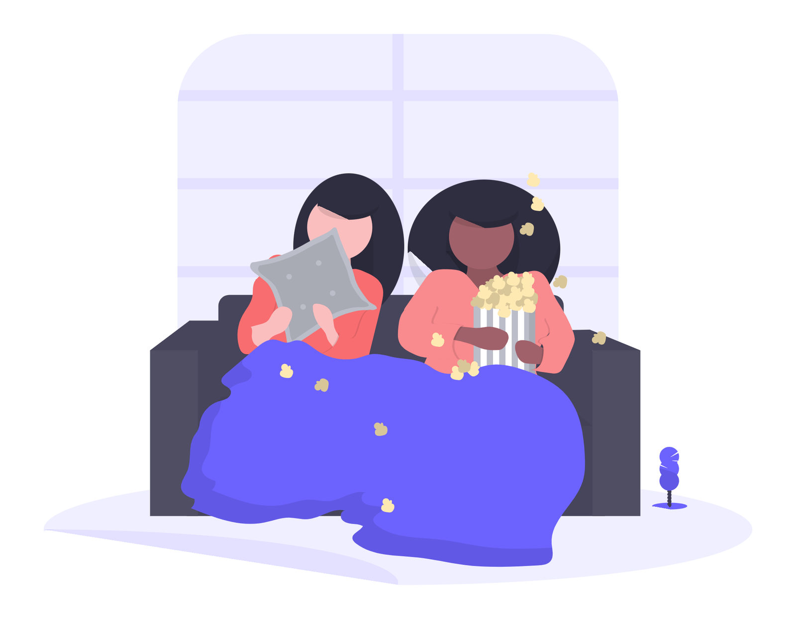 Two Women Enjoying A Cozy Movie Night With Popcorn On The Sofa