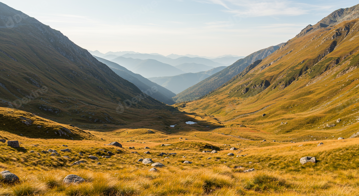 Vast Alpine Mountain Valley With Golden Grass And Distant Peaks