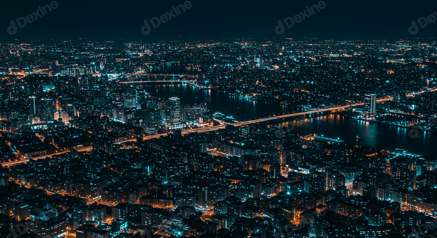 Vibrant Aerial Night View Of Modern City Lights And River