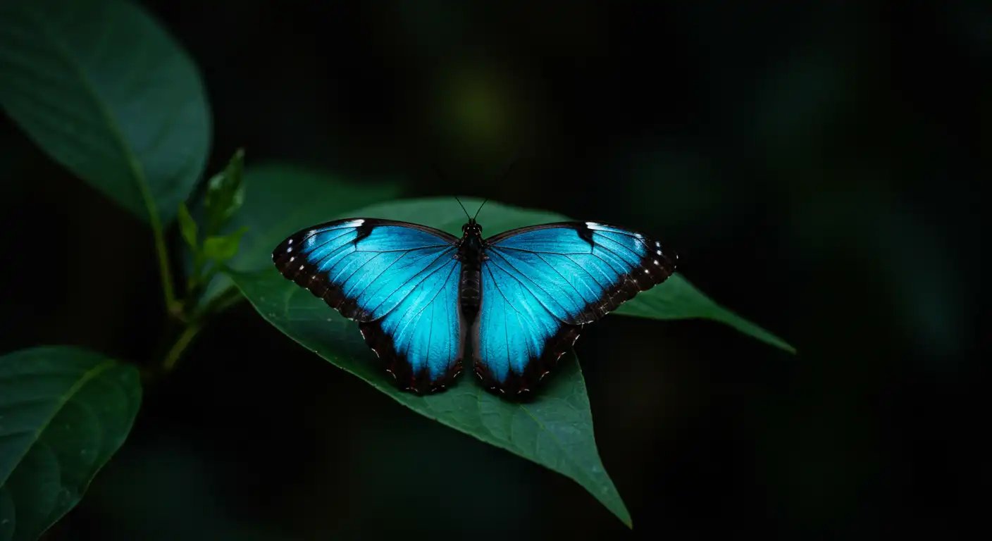 Vibrant Blue Morpho Butterfly Perched On Green Leaf