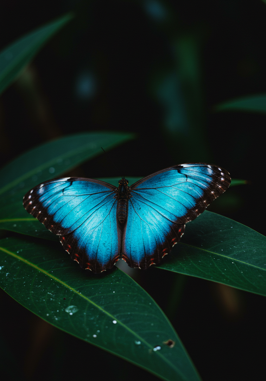 Vibrant Blue Morpho Butterfly Resting On Dark Green Leaves Tropical Beauty