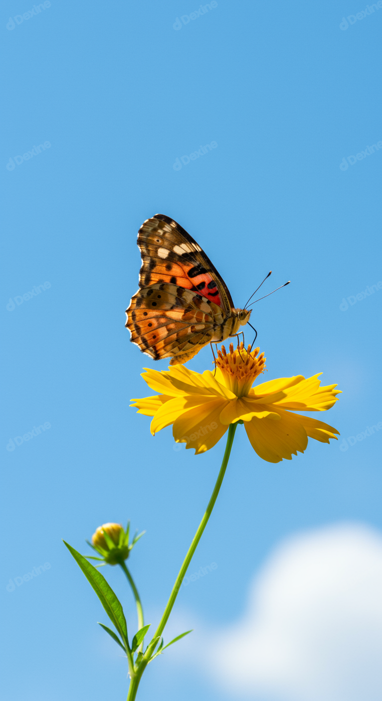Vibrant Butterfly Perched On Bright Yellow Blossom Against Blue Sky