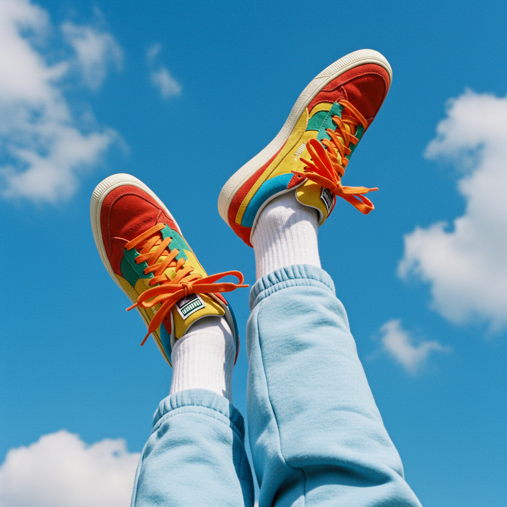 Vibrant Colorful Sneakers Kicking Up Against Bright Blue Sky