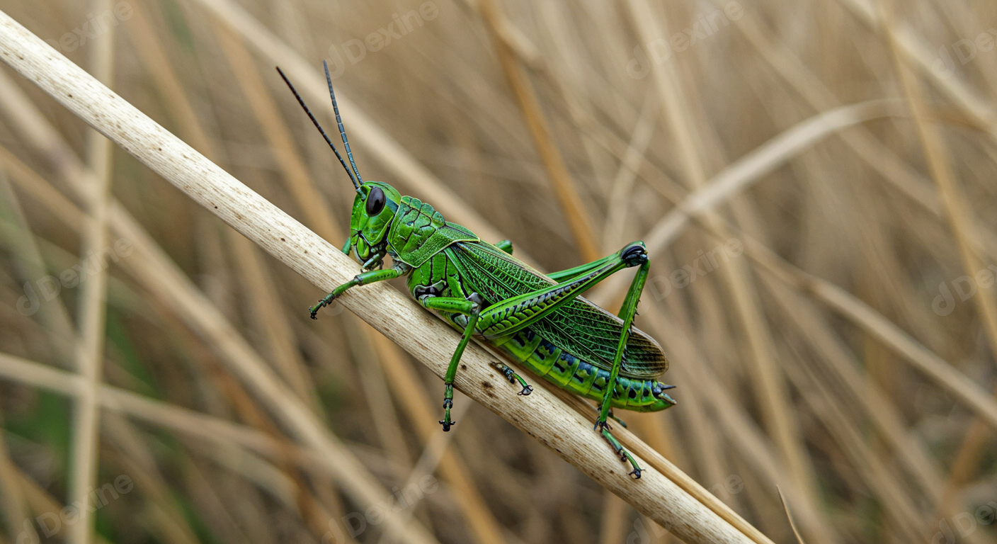 Vibrant Green Grasshopper Resting On Dry Grass Stalk