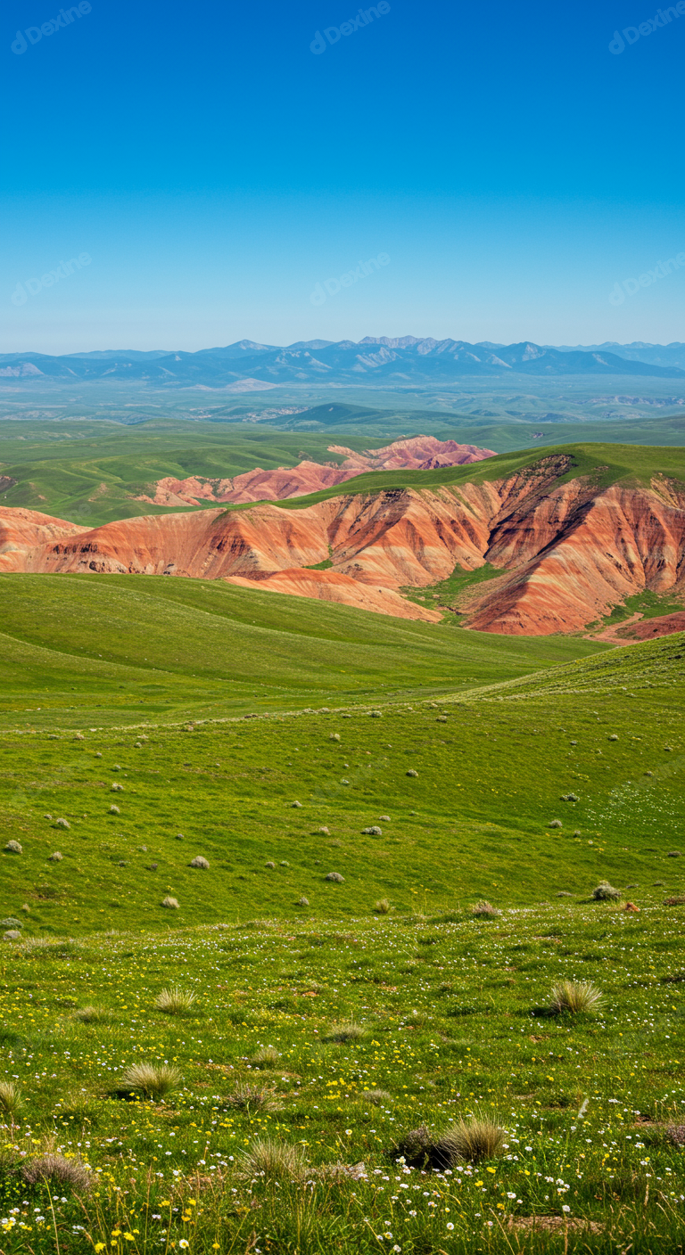 Vibrant Green Hills And Red Striped Mountains Landscape Under Blue Sky