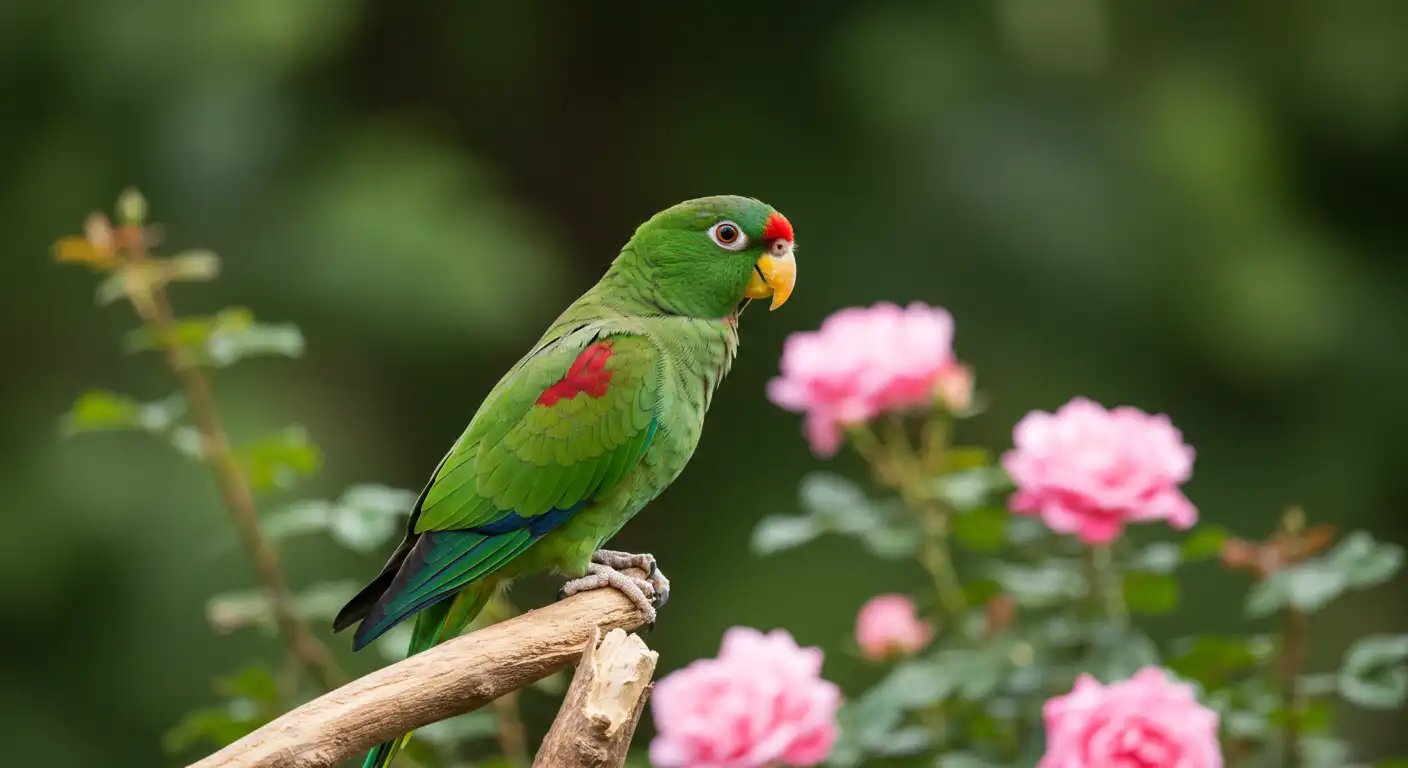 Vibrant Green Parrot With Red Head Resting On Branch Amidst Pink Roses