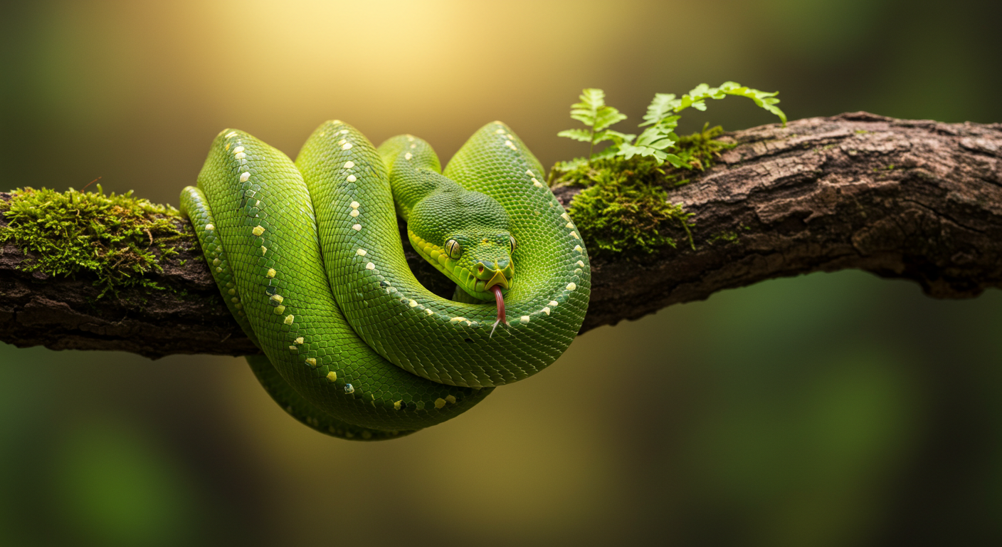 Vibrant Green Tree Python Coiled On Mossy Branch In Jungle