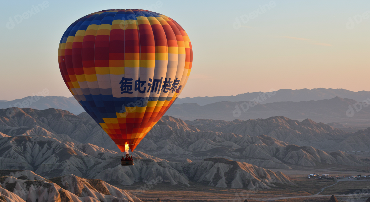 Vibrant Hot Air Balloon Flight Over Dramatic Mountain Landscape At Dawn