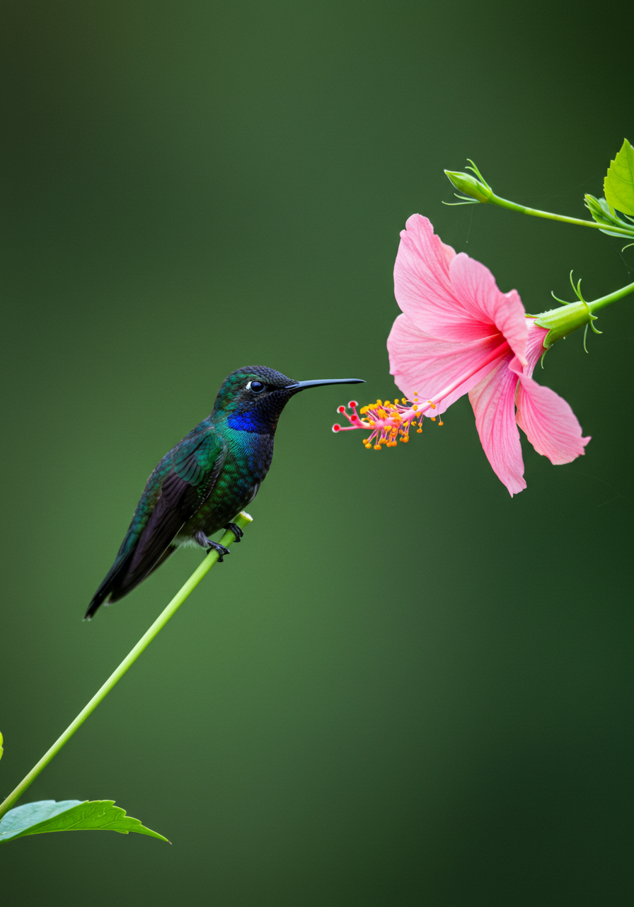 Vibrant Hummingbird Perched By Pink Hibiscus Flower