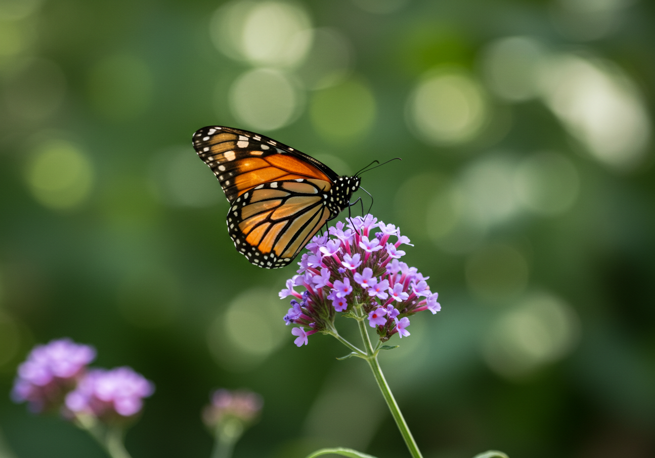 Vibrant Monarch Butterfly Nectaring On Purple Verbena Flower In Nature