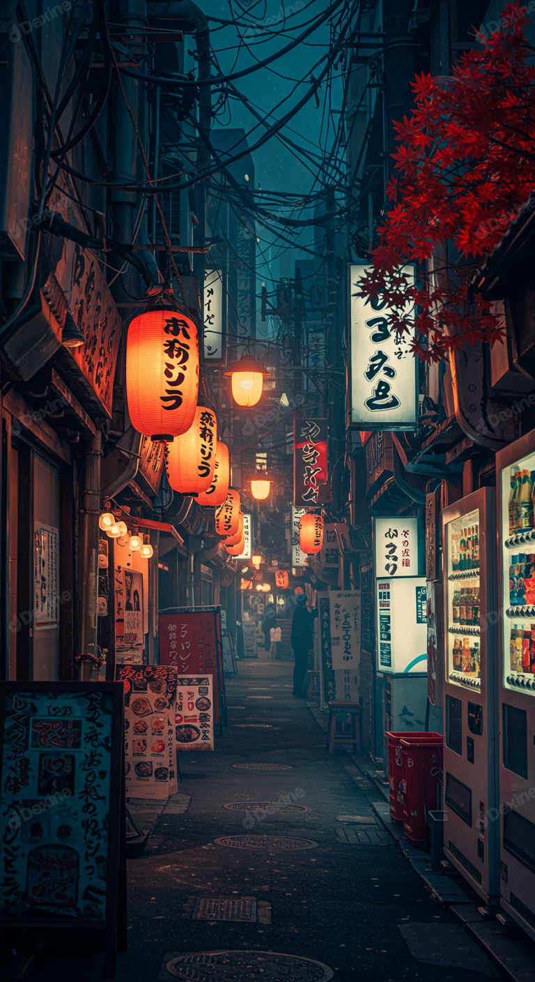 Vibrant Night Alley In Japan With Traditional Lanterns And Neon Signs