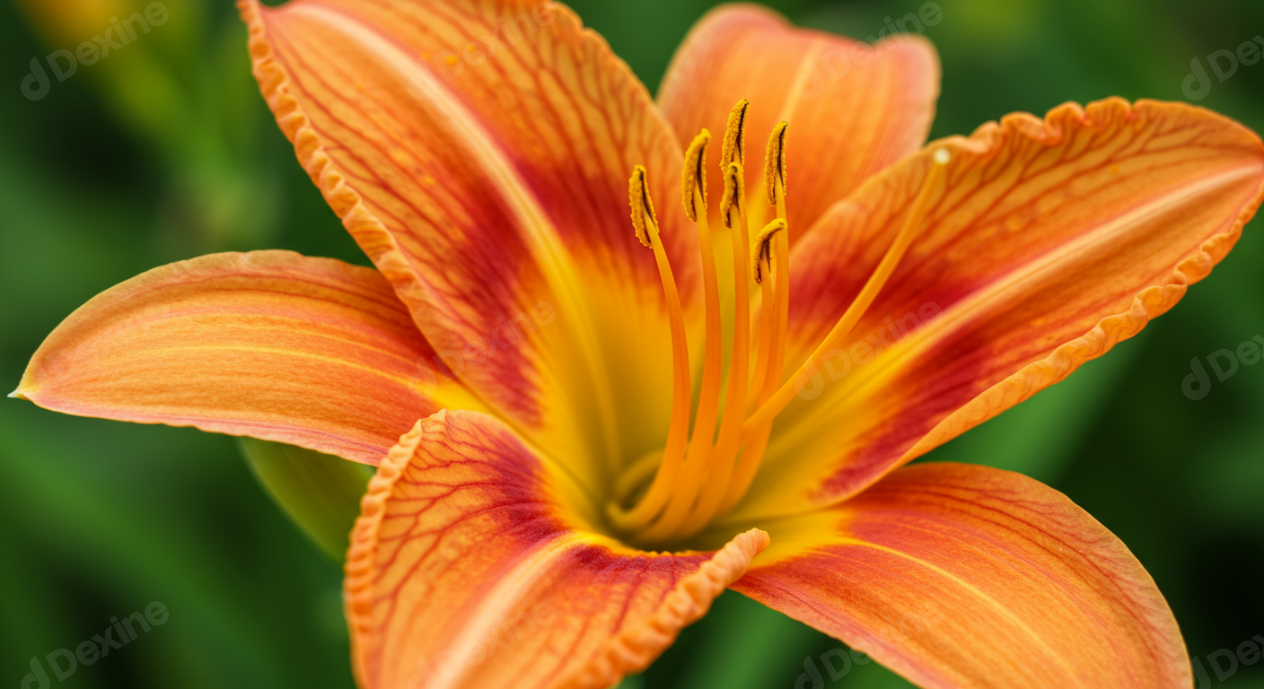 Vibrant Orange Daylily Blossom Close Up In Summer Garden