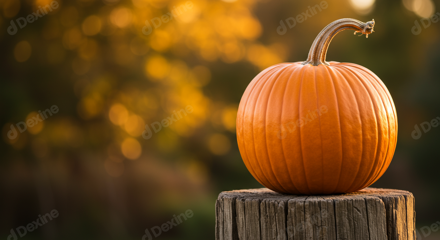 Vibrant Orange Pumpkin On Wooden Post Autumn Golden Hour Bokeh