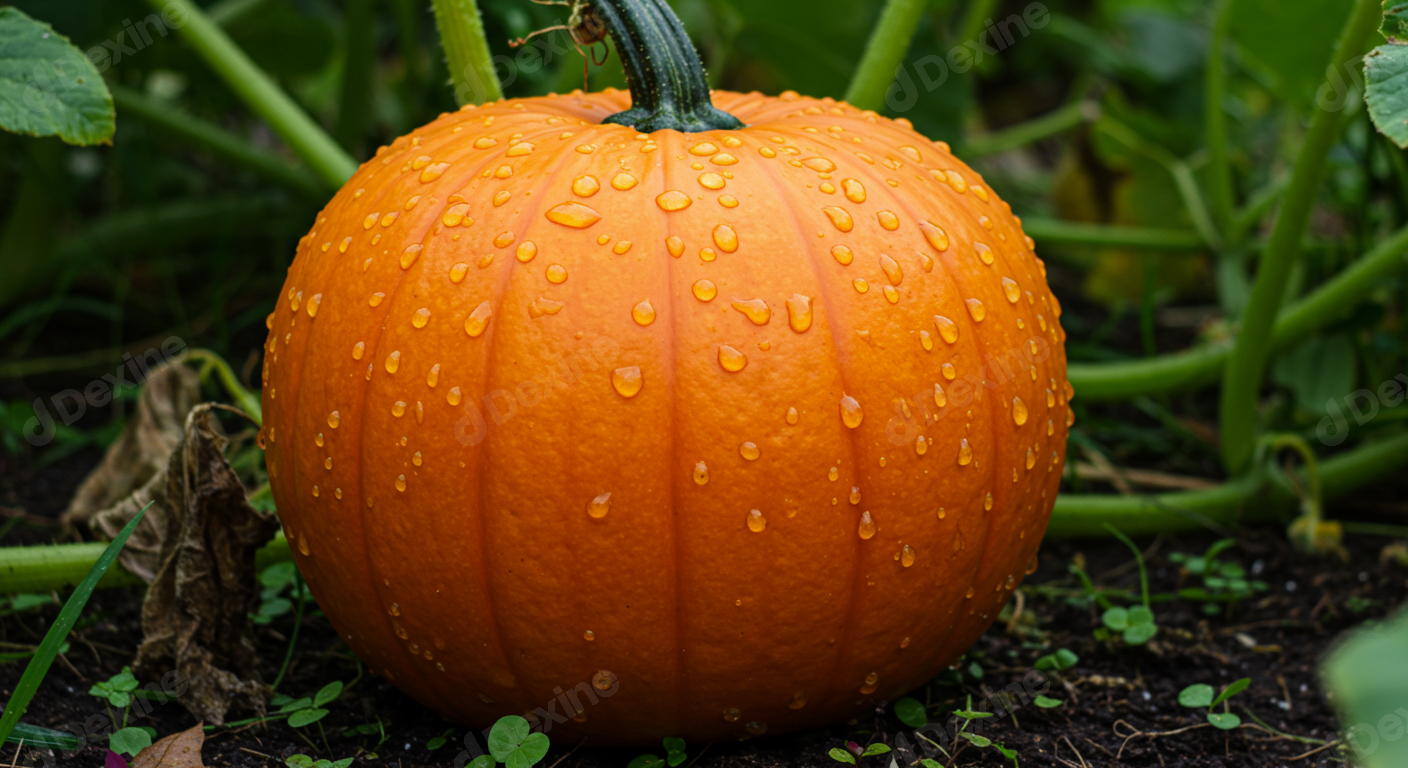 Vibrant Orange Pumpkin With Water Droplets In Garden