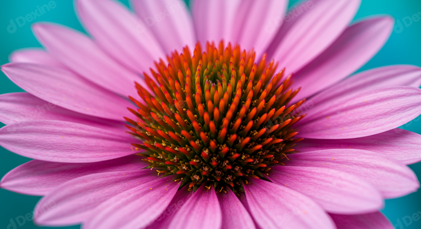 Vibrant Pink Coneflower Blossom Macro On Teal Background