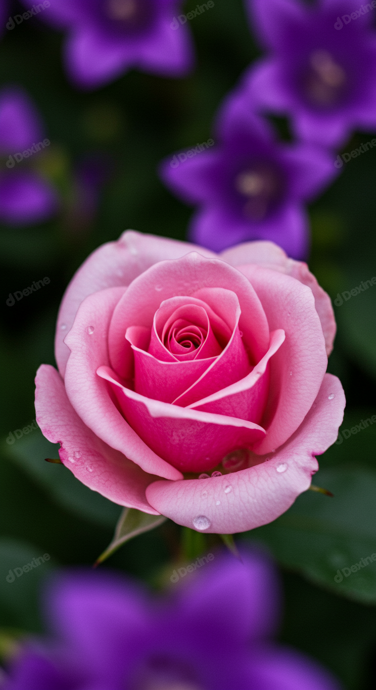 Vibrant Pink Rose With Fresh Dew Drops And Blurred Purple Background