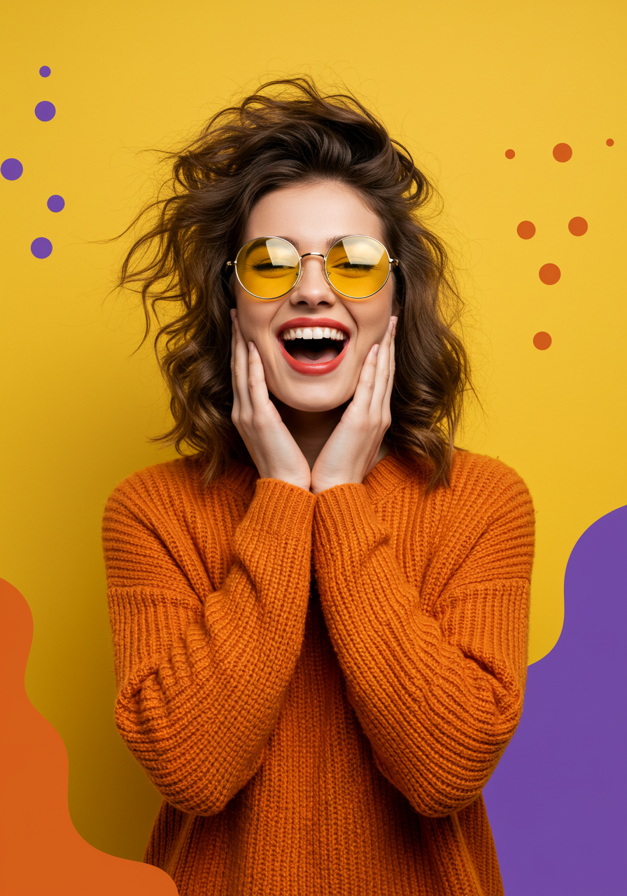 Vibrant Portrait Of Cheerful Woman In Yellow Sunglasses Laughing Joyfully