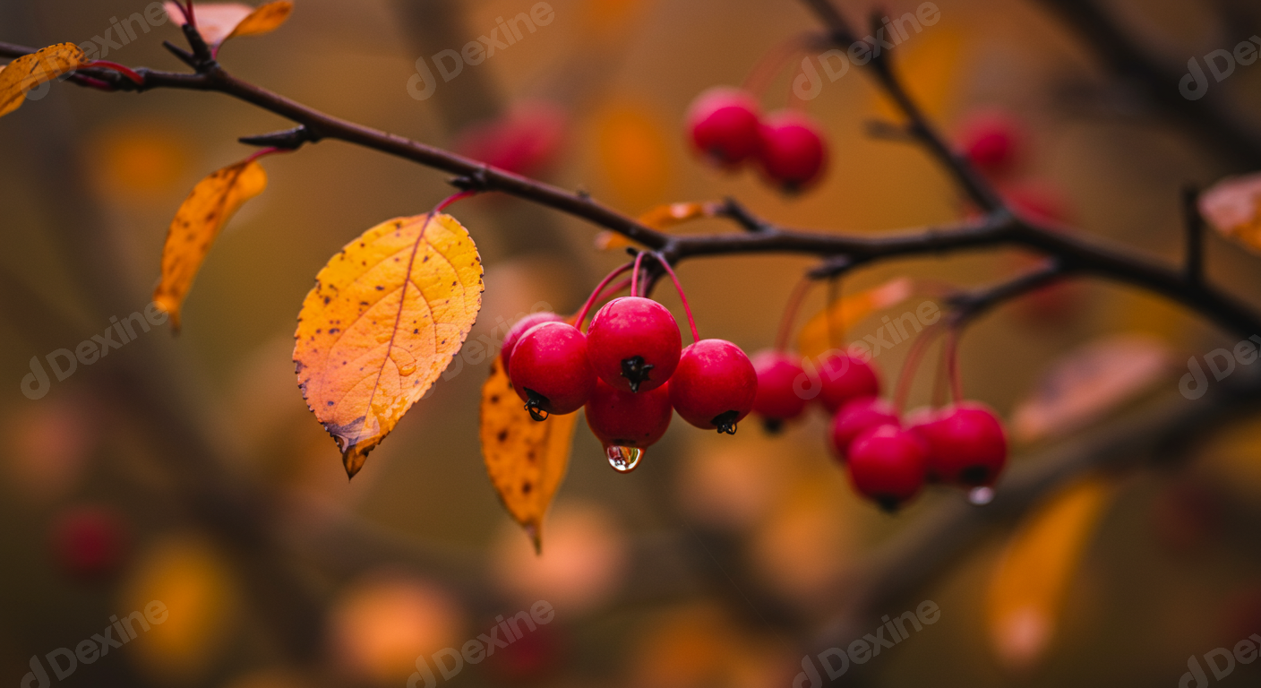 Vibrant Red Berries And Golden Autumn Leaves With Raindrops