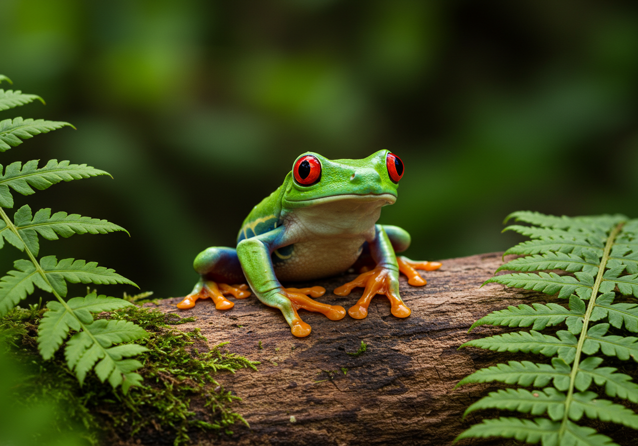 Vibrant Red Eyed Tree Frog On Mossy Log In Lush Tropical Rainforest