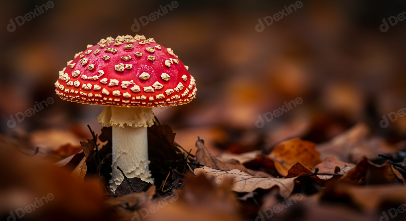 Vibrant Red Fly Agaric Mushroom Amidst Golden Autumn Leaves