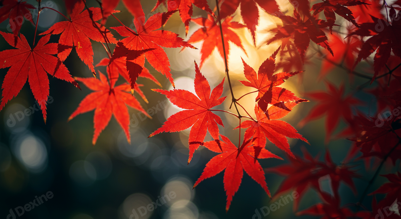 Vibrant Red Maple Leaves Backlit By Golden Autumn Sunlight