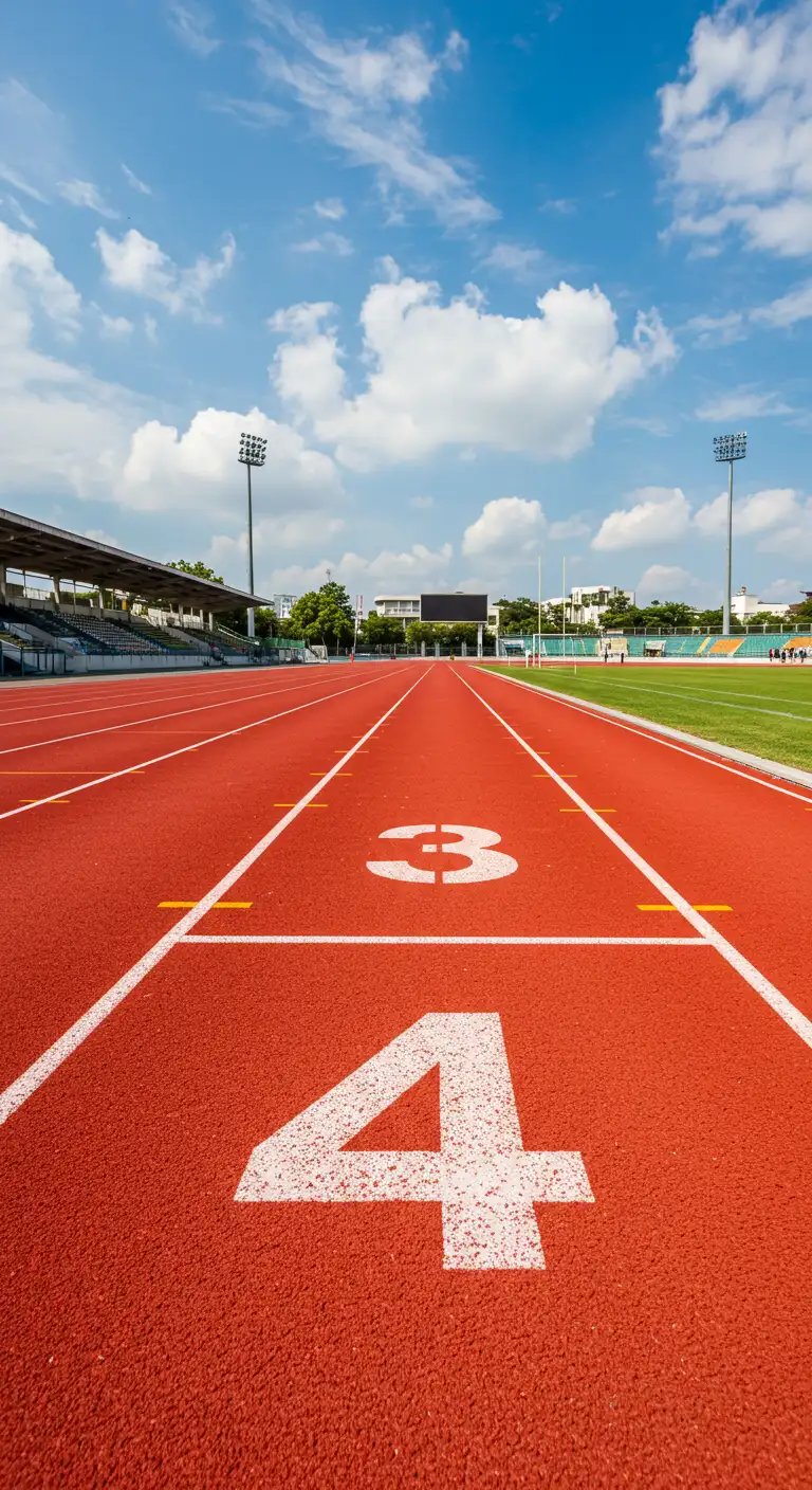 Vibrant Red Running Track With Lane Numbers At Sports Arena