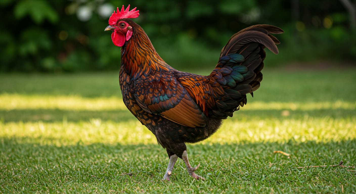Vibrant Rooster Standing Proudly On Lush Green Lawn