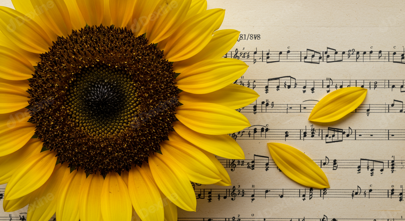 Vibrant Sunflower And Petals On Vintage Sheet Music Background