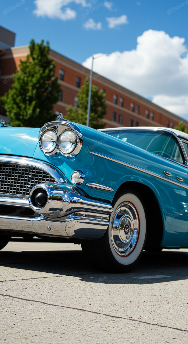 Vibrant Teal Vintage Car Classic American Automobile With Chrome Details