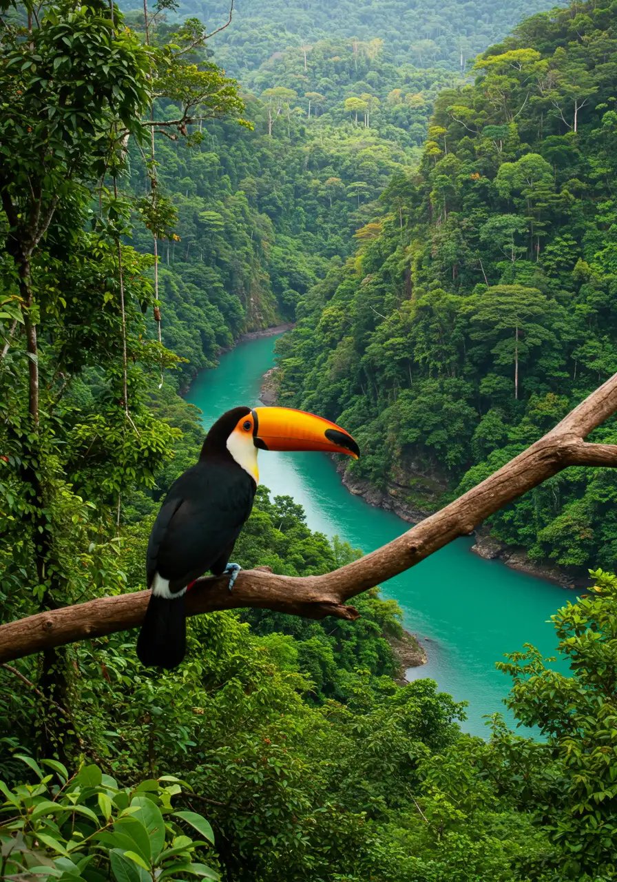 Vibrant Toucan Perched Above Turquoise River In Lush Rainforest