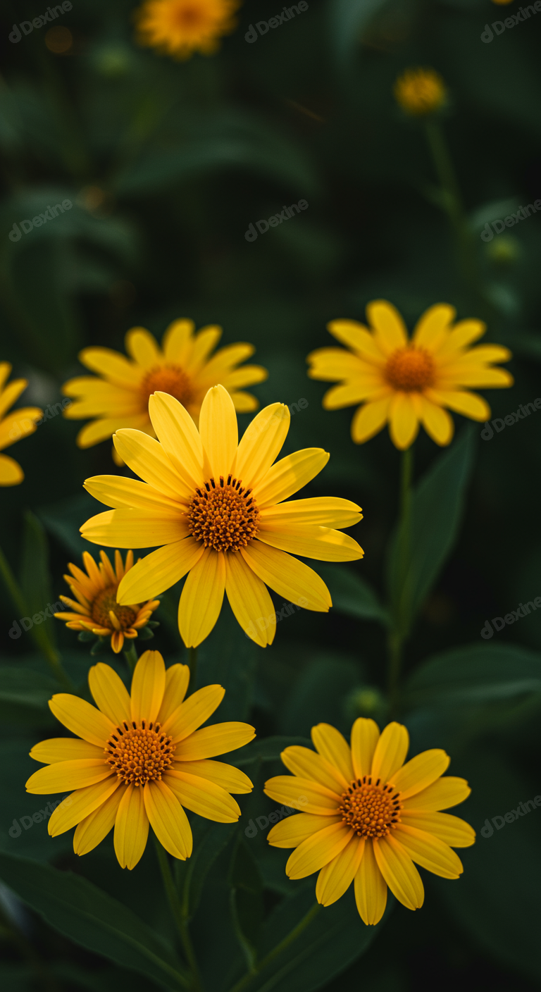 Vibrant Yellow Daisy Like Flowers Blooming In Lush Green Nature