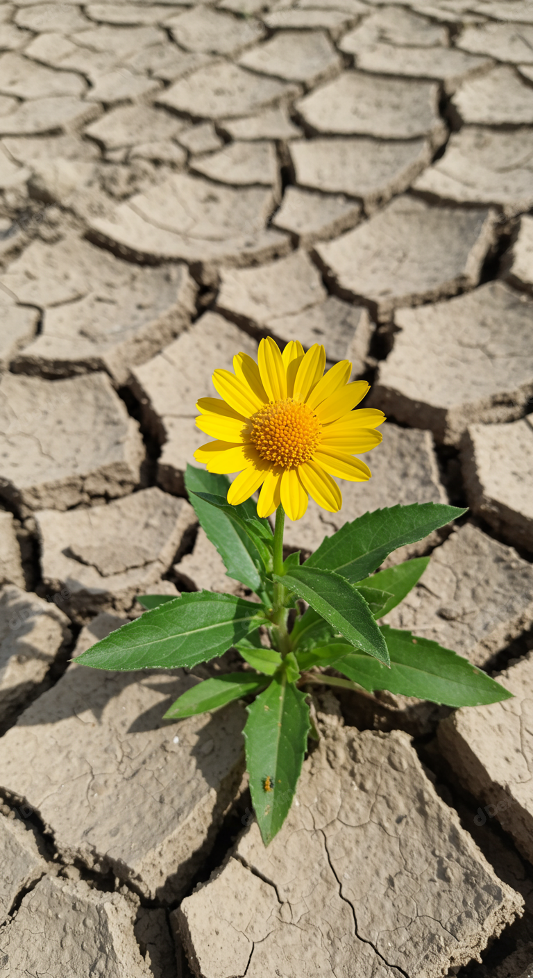 Vibrant Yellow Flower Thriving In Dry Cracked Earth