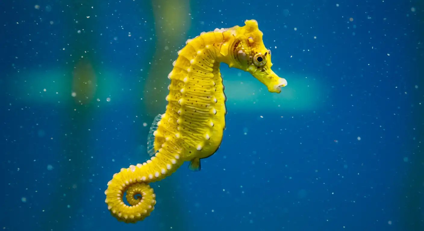Vibrant Yellow Seahorse Swimming Against Blue Underwater Background