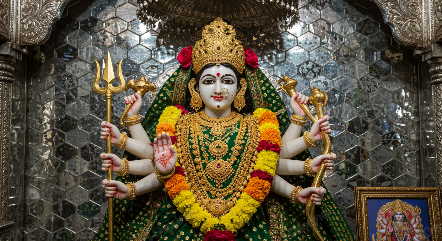Vibrantly Adorned Hindu Goddess Idol With Gold Jewelry And Traditional Symbols