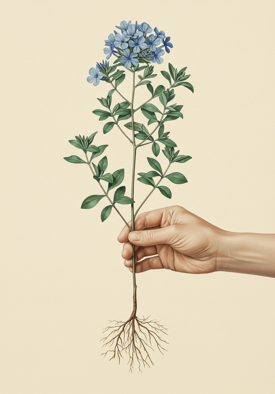 Vintage Botanical Illustration Hand Holding A Blue Plumbago Plant With Exposed Roots
