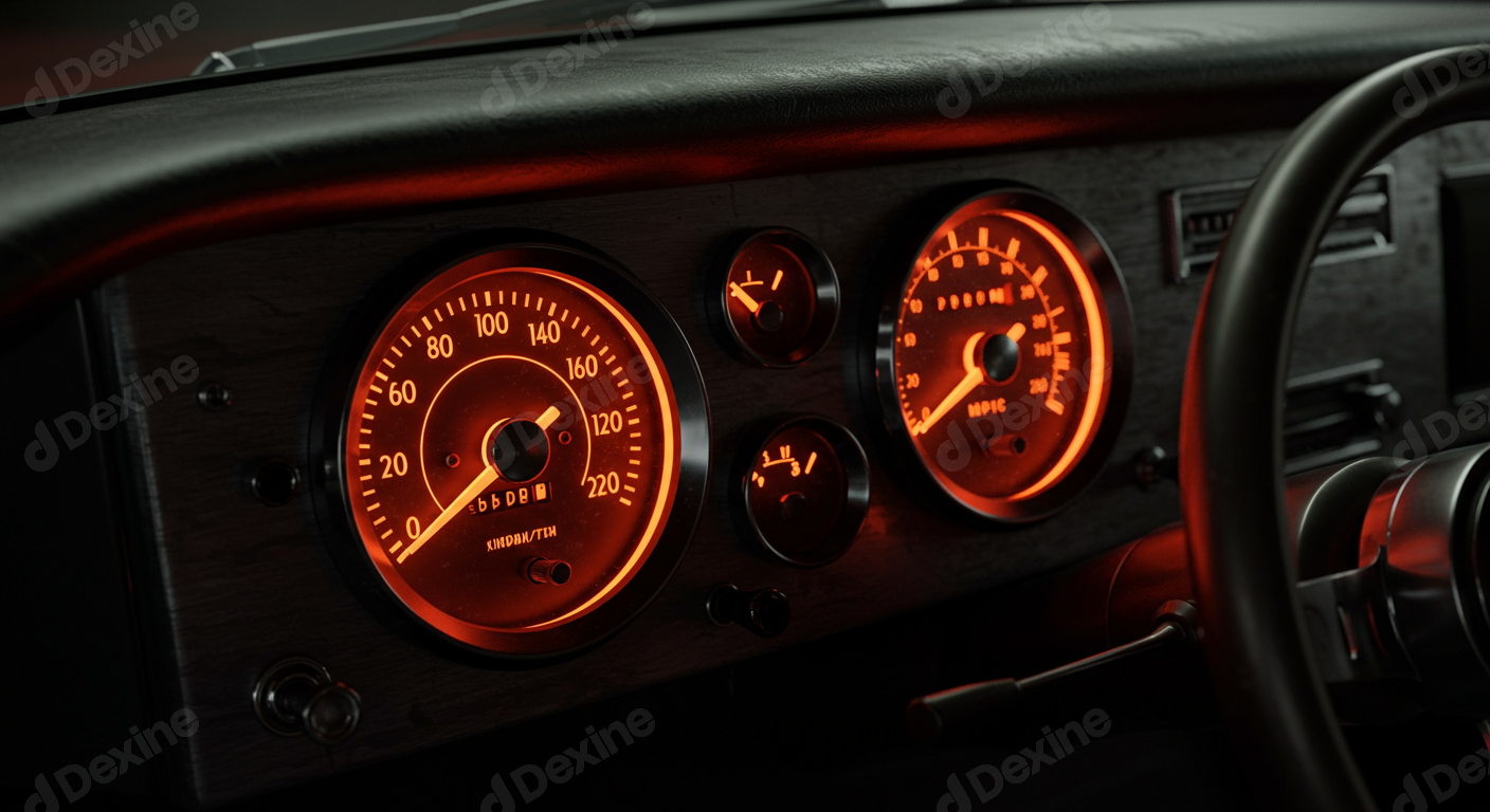 Vintage Car Dashboard With Glowing Orange Speedometer And Gauges
