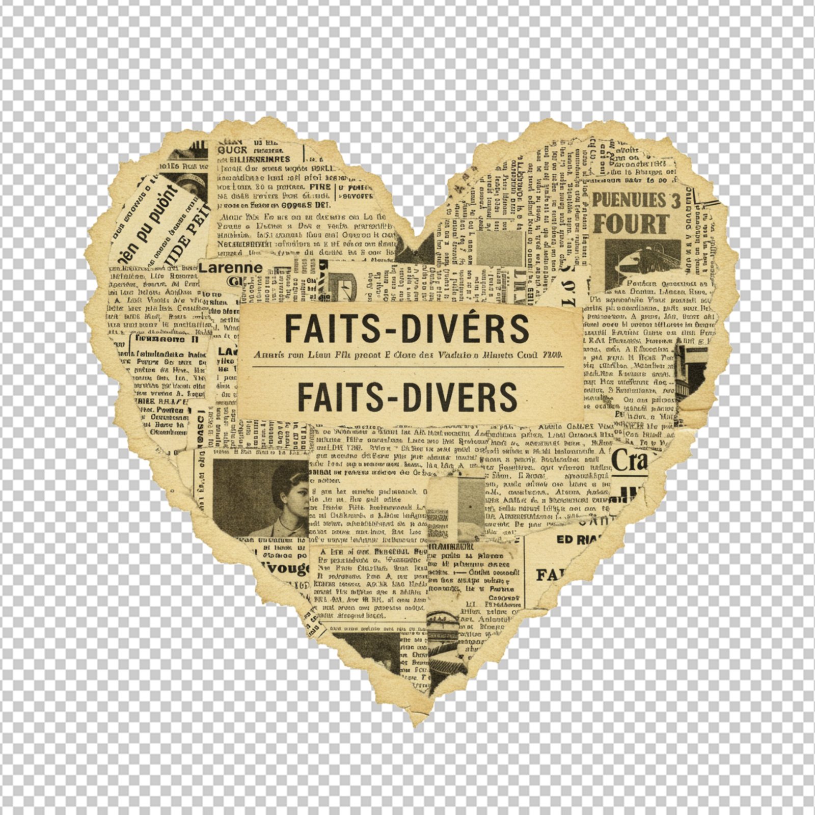 Vintage Newspaper Heart Shape Cutout With Transparent Background