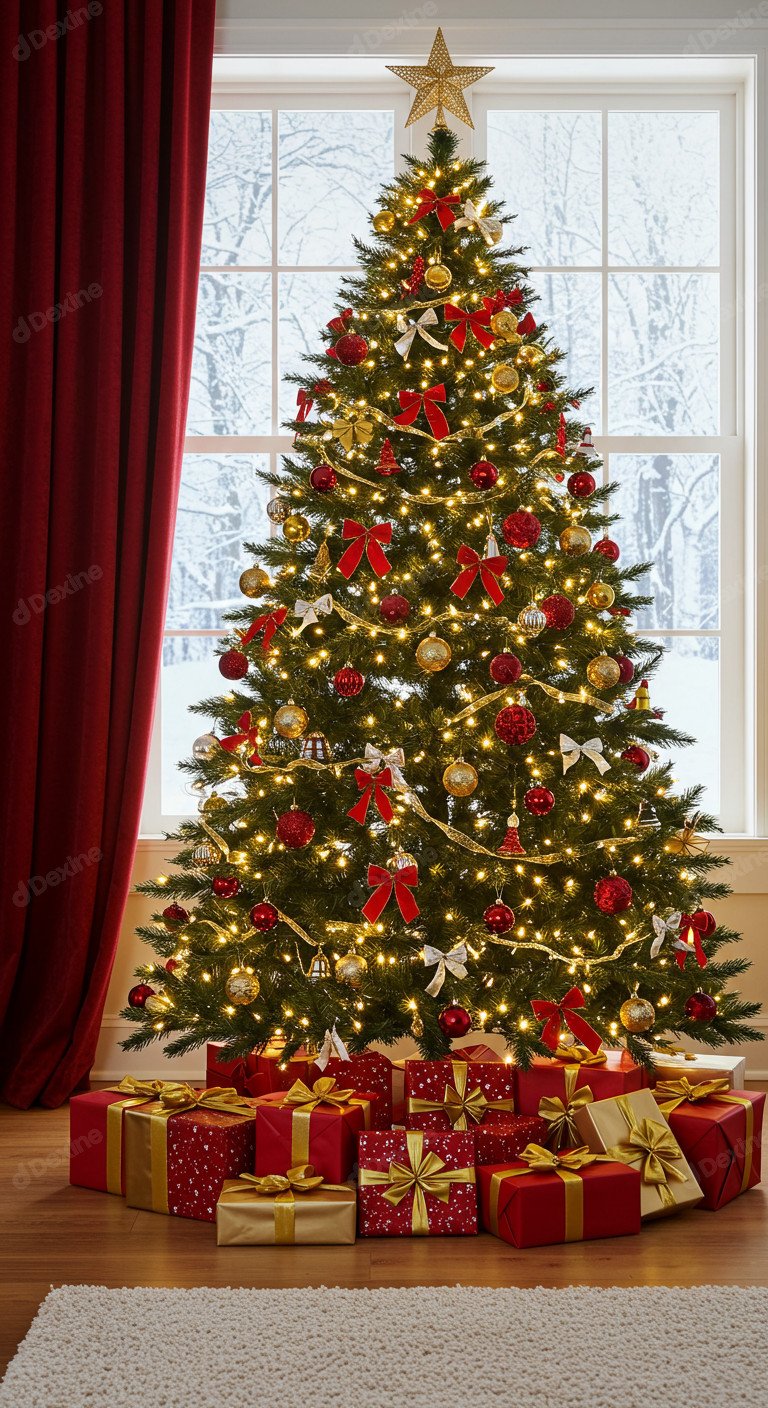 Warm Christmas Tree And Gifts By Snowy Window Capturing A Festive Season Vibe