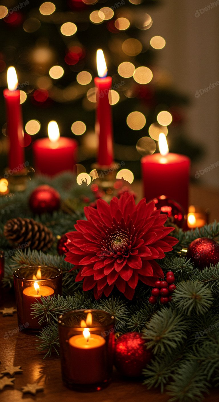Warm Festive Season Vibe With Christmas Candles Red Dahlia And Pine Decor