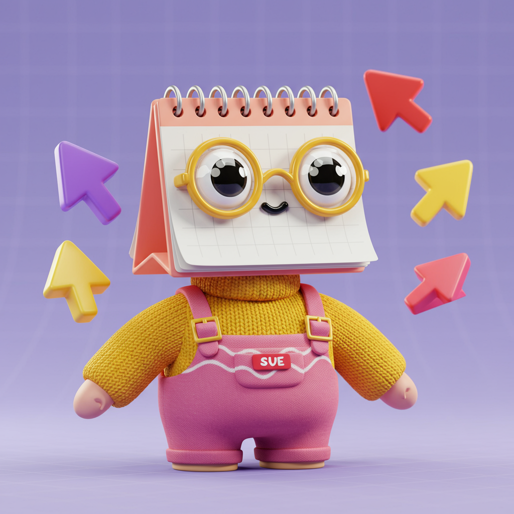 Whimsical 3D Calendar Character With Glasses And Digital Cursors
