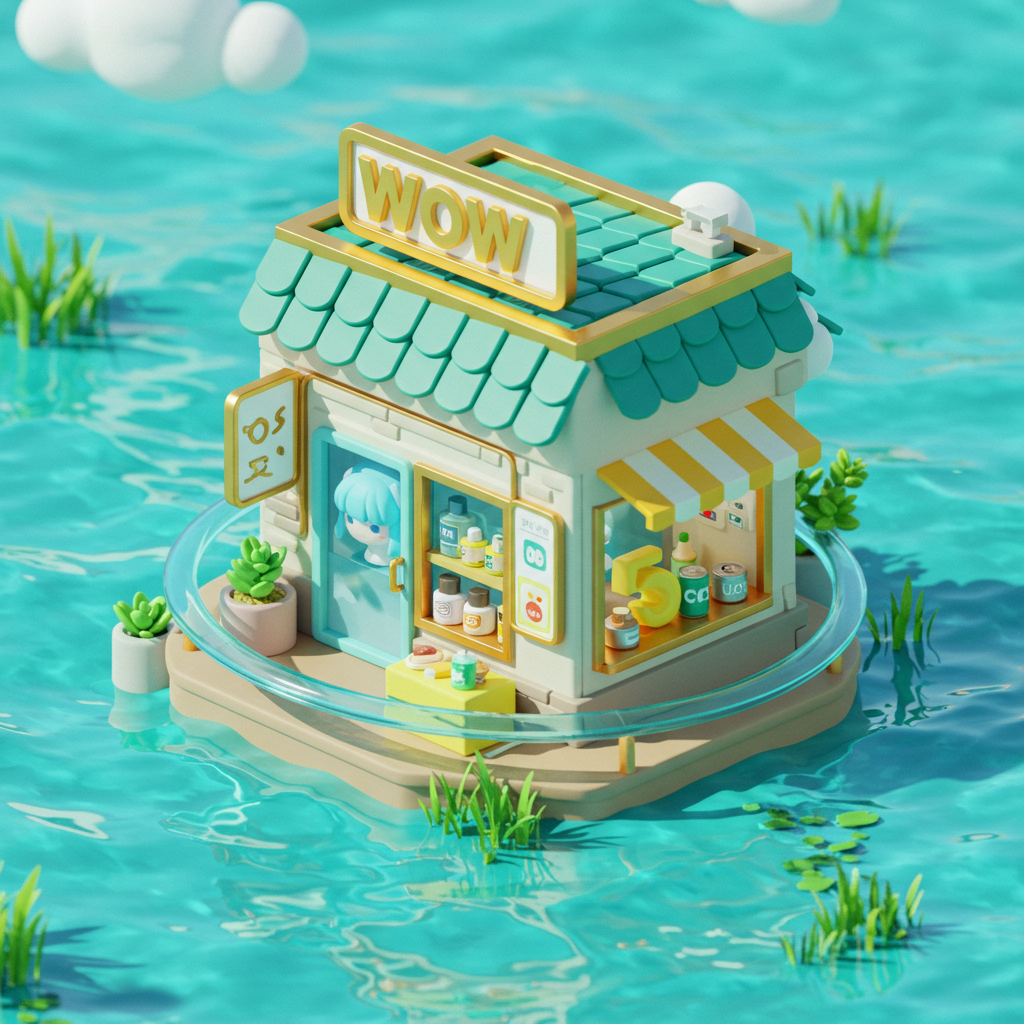 Whimsical 3D Cartoon Store Floating On Turquoise Water With Character