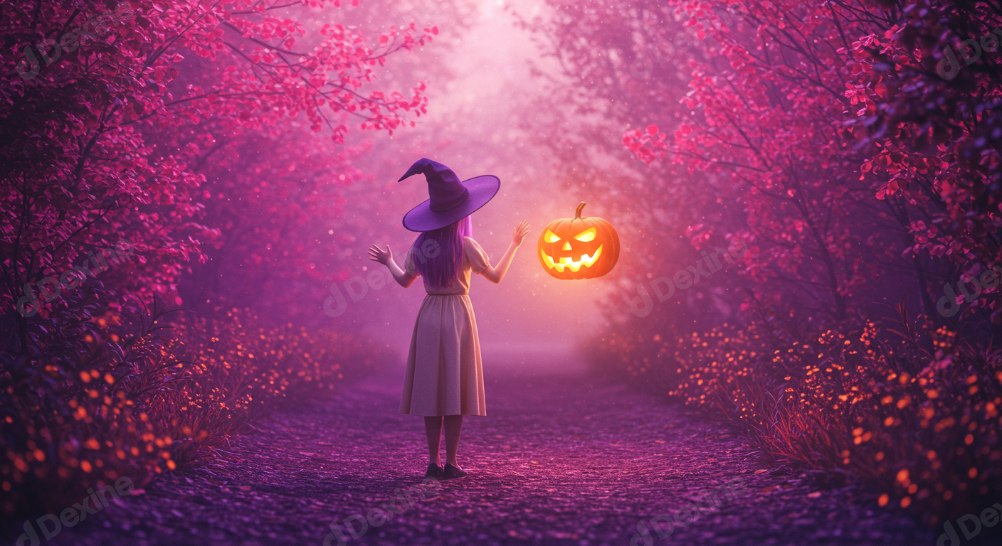 Whimsical Witch With Glowing Jack O Lantern In Enchanted Purple Forest