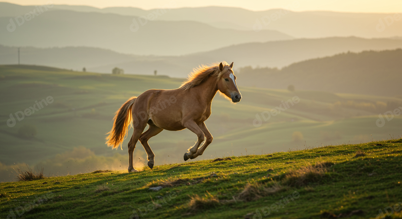 Wild Horse Galloping On Hillside During Golden Sunset