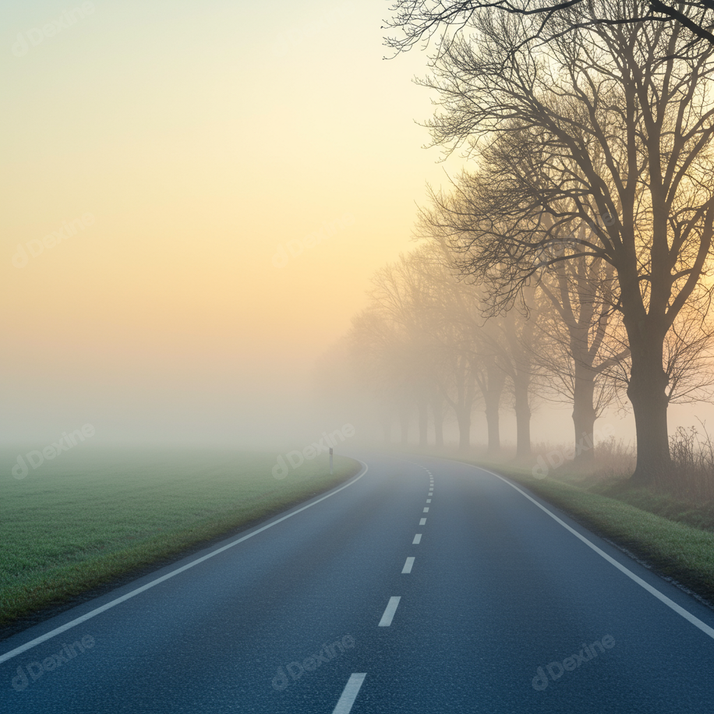 Winding Country Road Disappearing Into Dense Fog At Sunrise 914495
