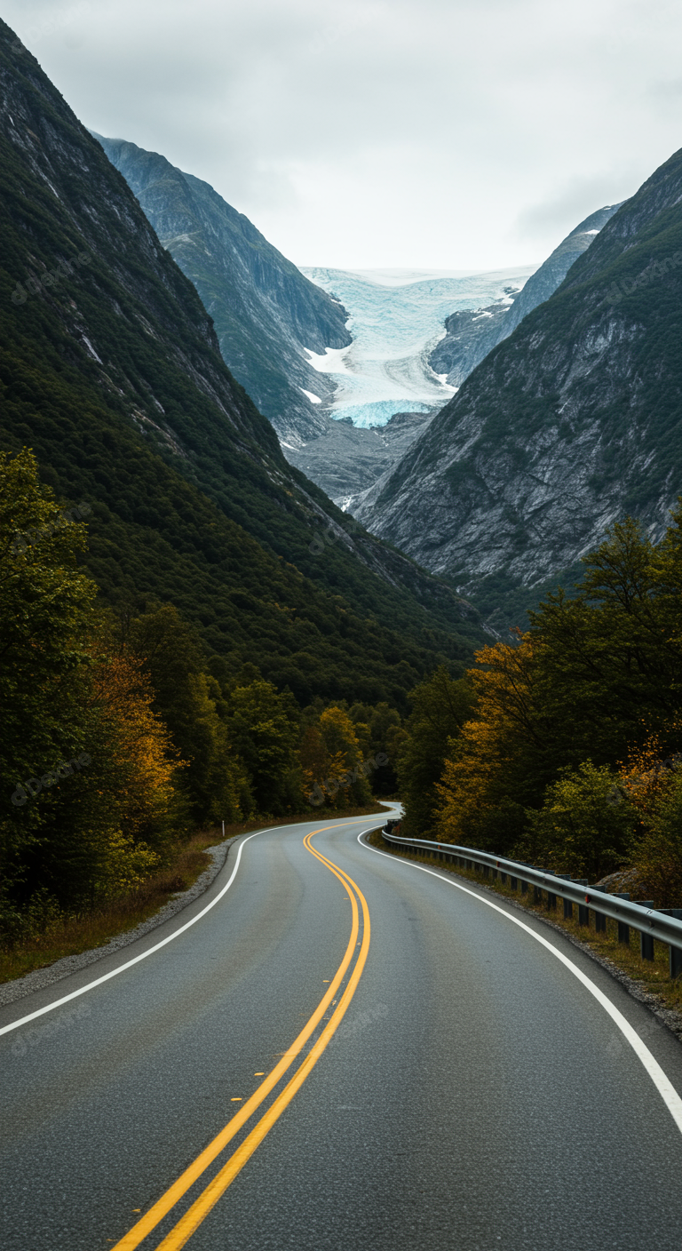 Winding Mountain Road Leading To A Majestic Glacier In A Valley